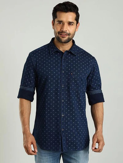 Indian Terrain Men's Regular Fit Full Sleeve Printed Dark Blue Shirt